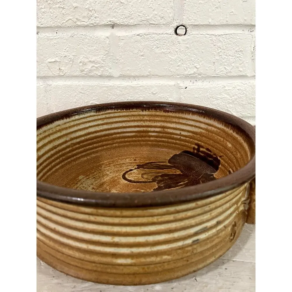 Vintage Studio Pottery Handled Stoneware Serving Bowl Brown Floral Glaze 11.5